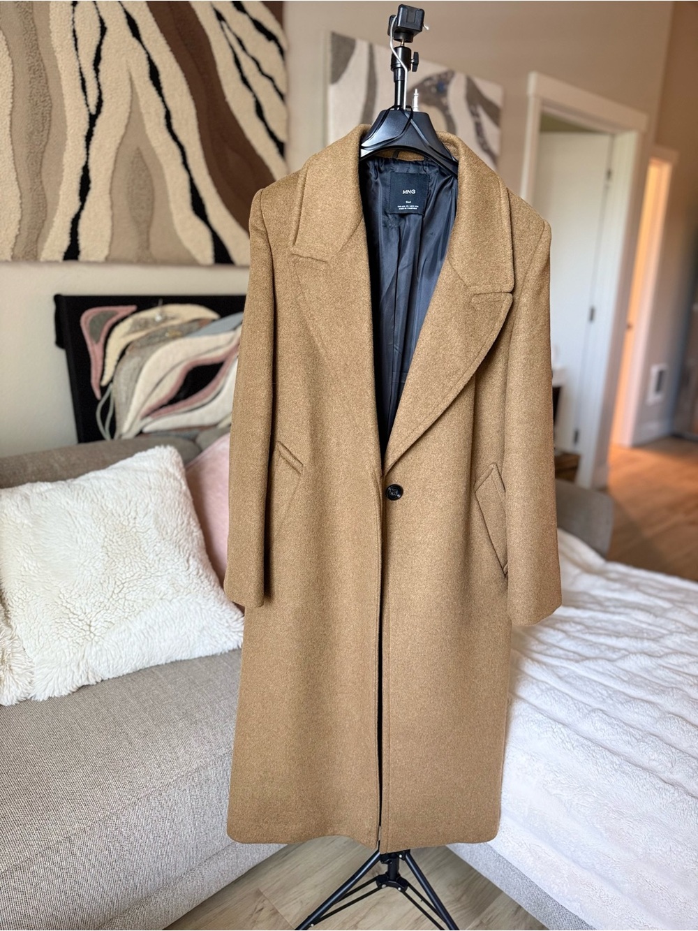 Mango Camel Wool-Blend Long Trench Coat